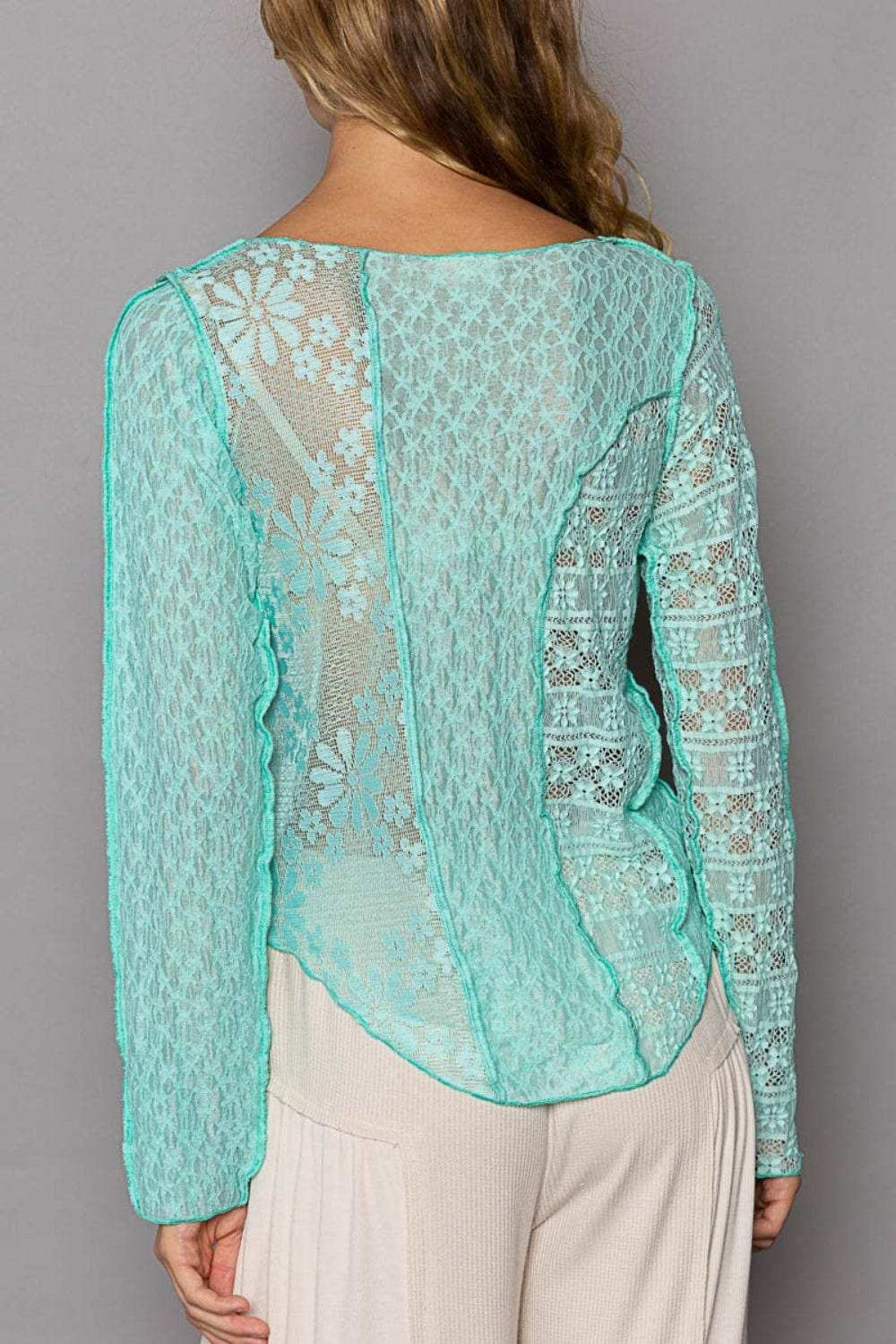 POL Exposed Seam Long Sleeve Lace Knit Top - Trendsi - Flyclothing LLC