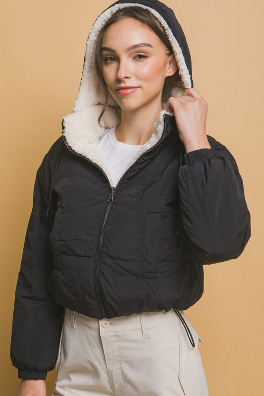 Love Tree Zip Up Cropped Hooded Sherpa Reversible Jacket - Trendsi