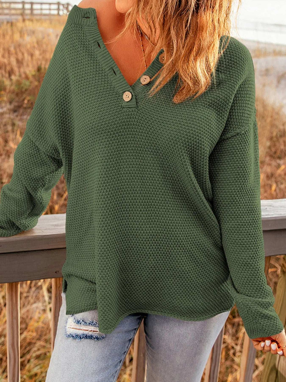 Button Detail Long Sleeve Knit Top - Trendsi - Flyclothing LLC