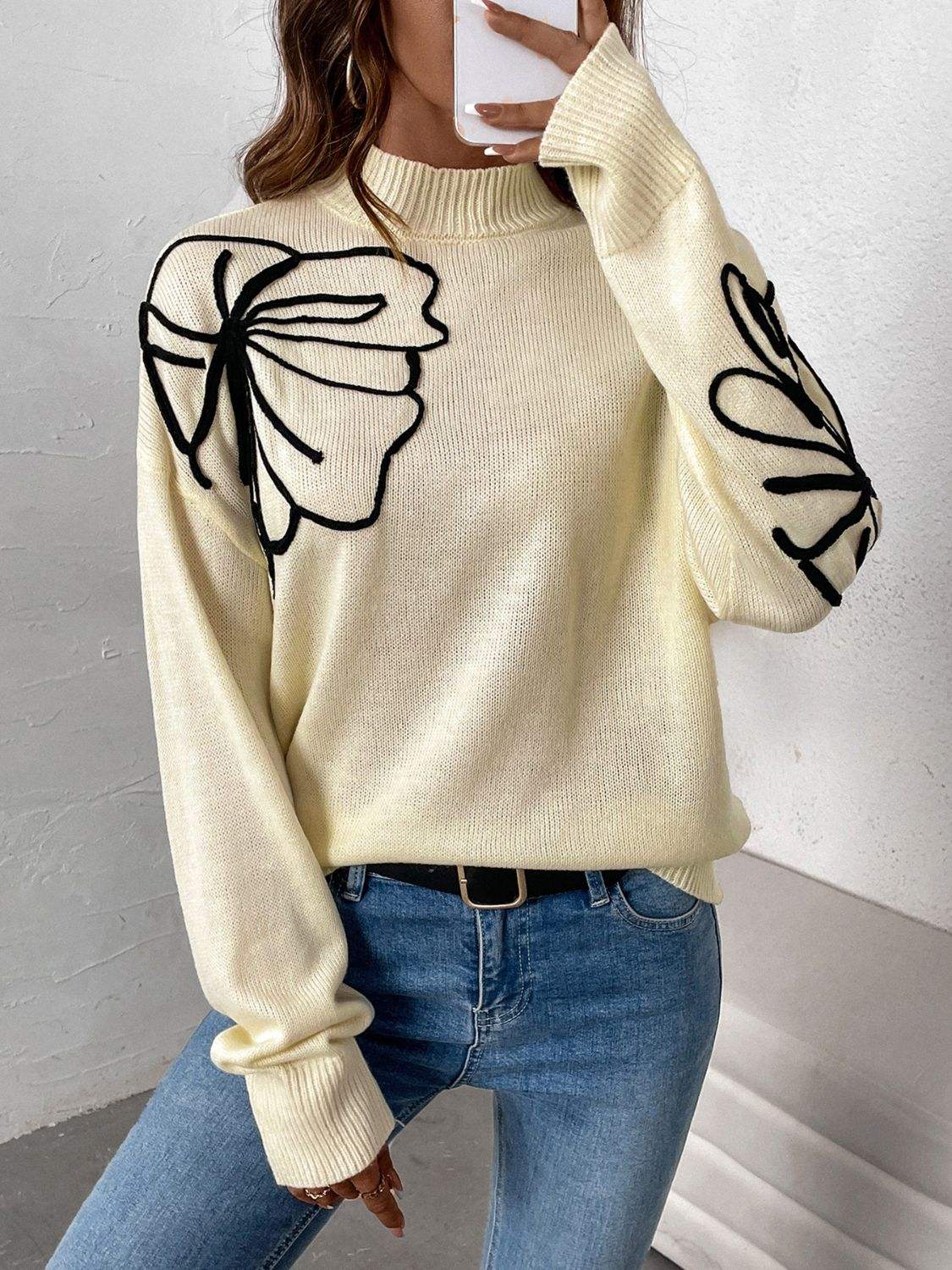 Perfee Mock Neck Dropped Shoulder Long Sleeve Sweater - Trendsi - Flyclothing LLC