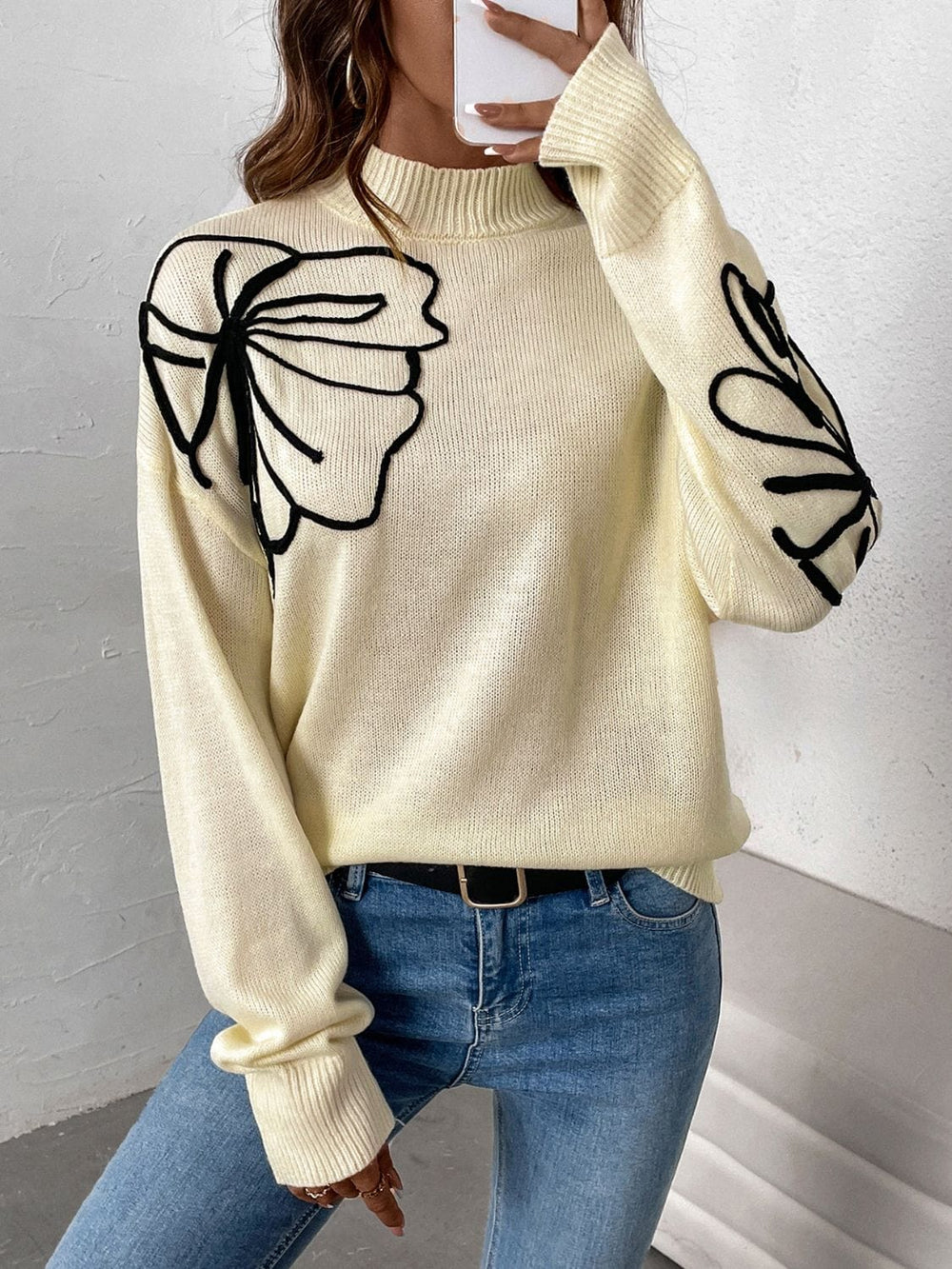 Perfee Mock Neck Dropped Shoulder Long Sleeve Sweater - Trendsi