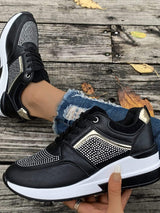 Lace-Up Rhinestone Wedge Sneakers - Trendsi - Flyclothing LLC