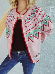 Contrast Geometric Round Neck Long Sleeve Cardigan - Trendsi
