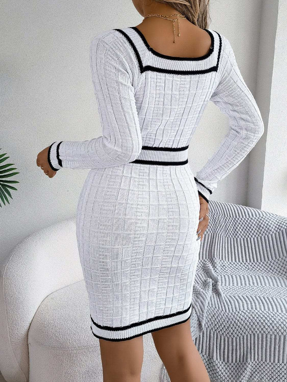 Contrast Trim Long Sleeve Sweater Dress - Trendsi - Flyclothing LLC