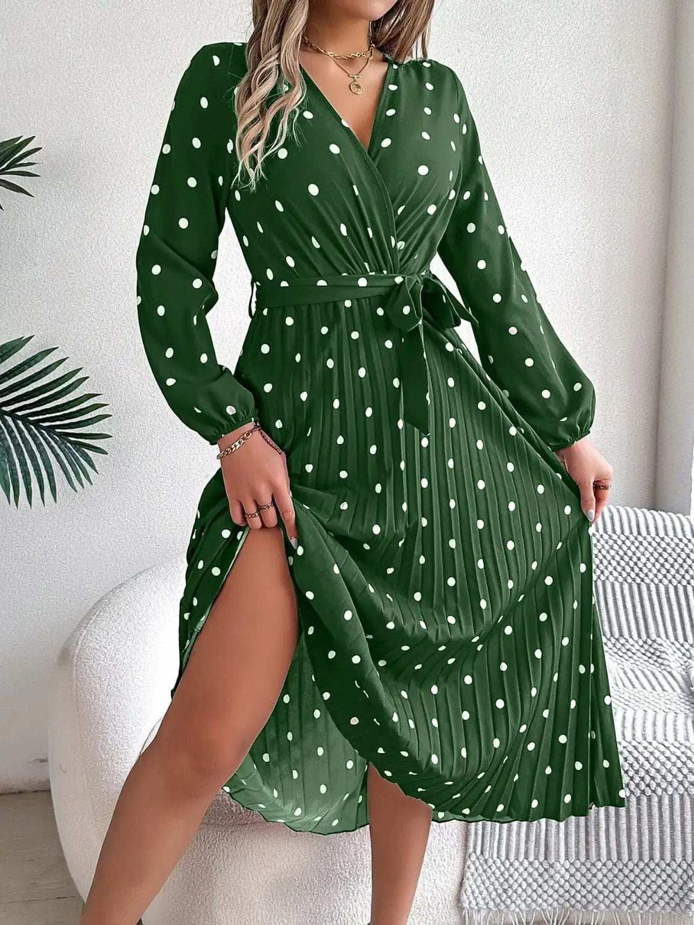 Tied Polka Dot Long Sleeve Midi Dress - Trendsi - Flyclothing LLC
