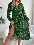 Tied Polka Dot Long Sleeve Midi Dress - Trendsi - Flyclothing LLC