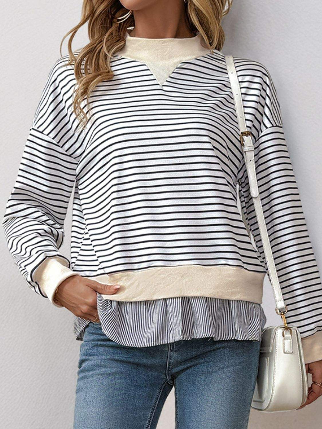 Perfee Faux Layered Striped Long Sleeve Sweatshirt - Trendsi - Flyclothing LLC