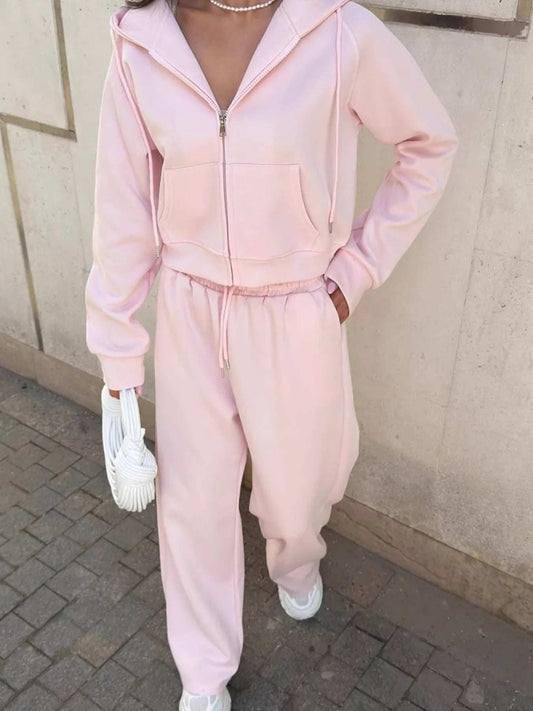 Zip Up Drawstring Hoodie and Pants Set - Trendsi - Flyclothing LLC