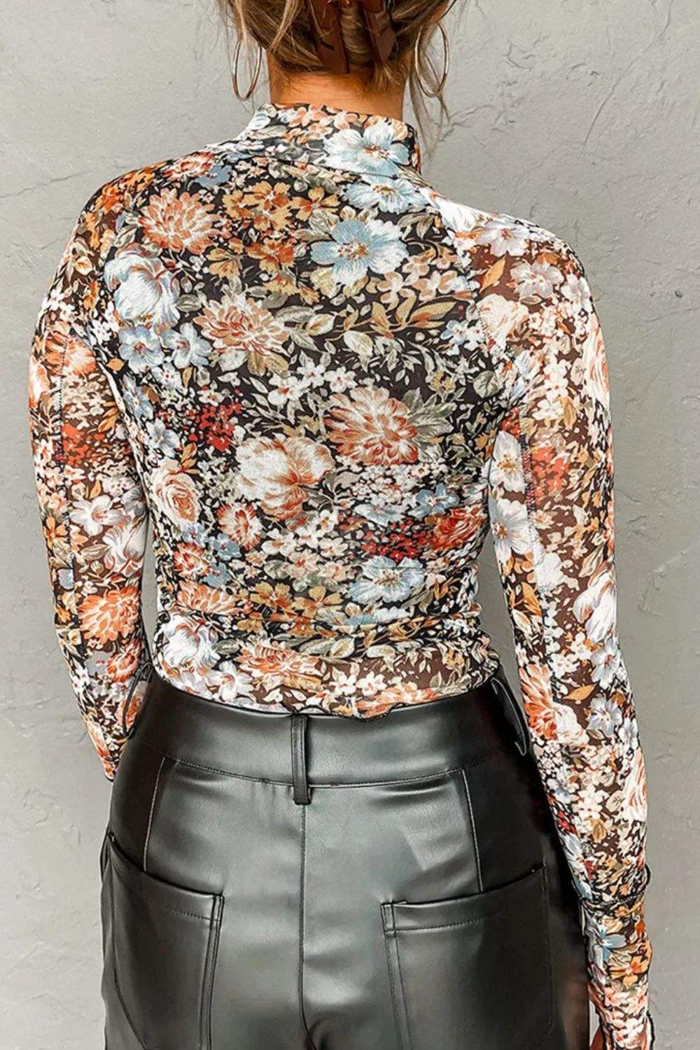 Floral Mock Neck Long Sleeve Top - Trendsi - Flyclothing LLC