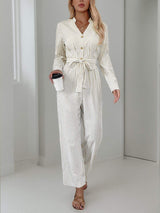 Striped Notched Long Sleeve Tie Waist Jumpsuit - Trendsi - Flyclothing LLC