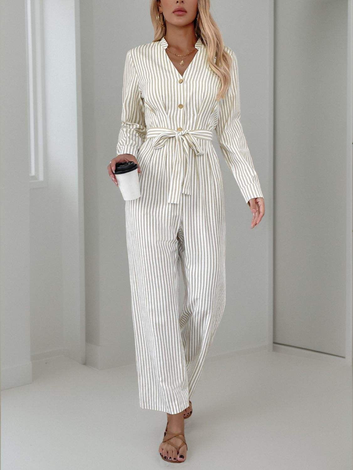 Striped Notched Long Sleeve Tie Waist Jumpsuit - Trendsi - Flyclothing LLC