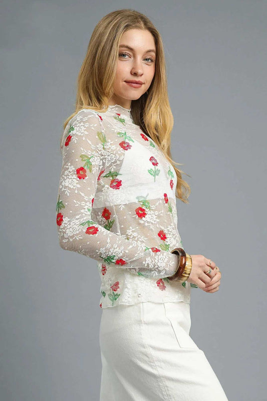 Umgee Floral Mock Neck Long Sleeve Sheer Top - Trendsi - Flyclothing LLC