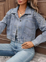 Pearl Embellished Cropped Denim Jacket - Trendsi - Flyclothing LLC