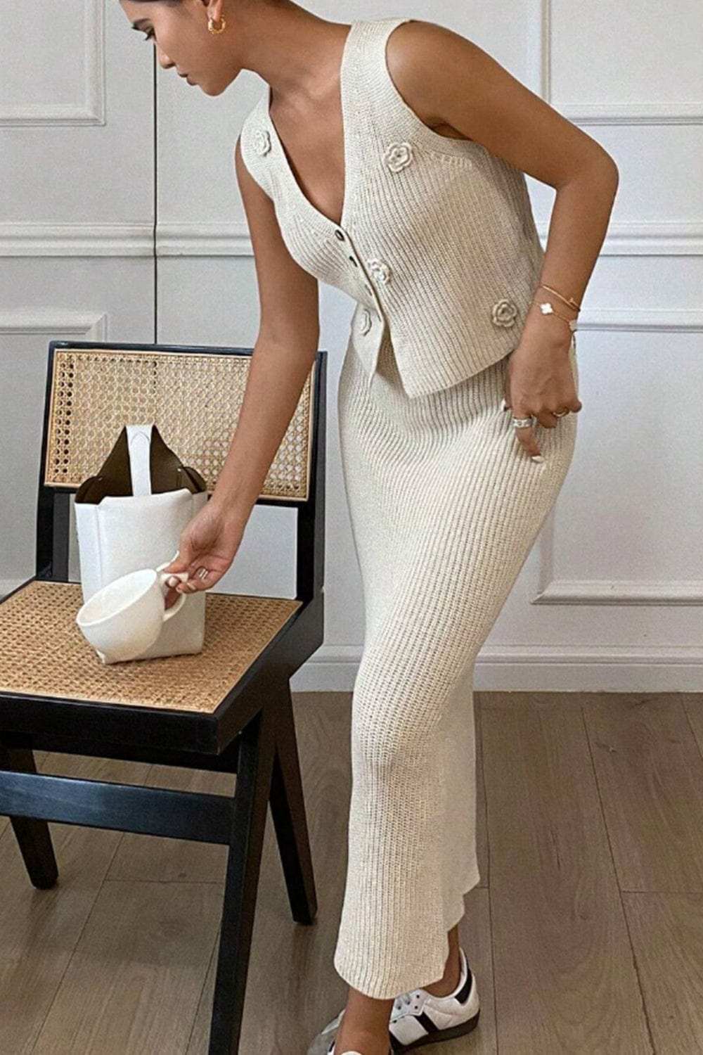 Flower V-Neck Vest and Skirt Sweater Set - Trendsi - Flyclothing LLC