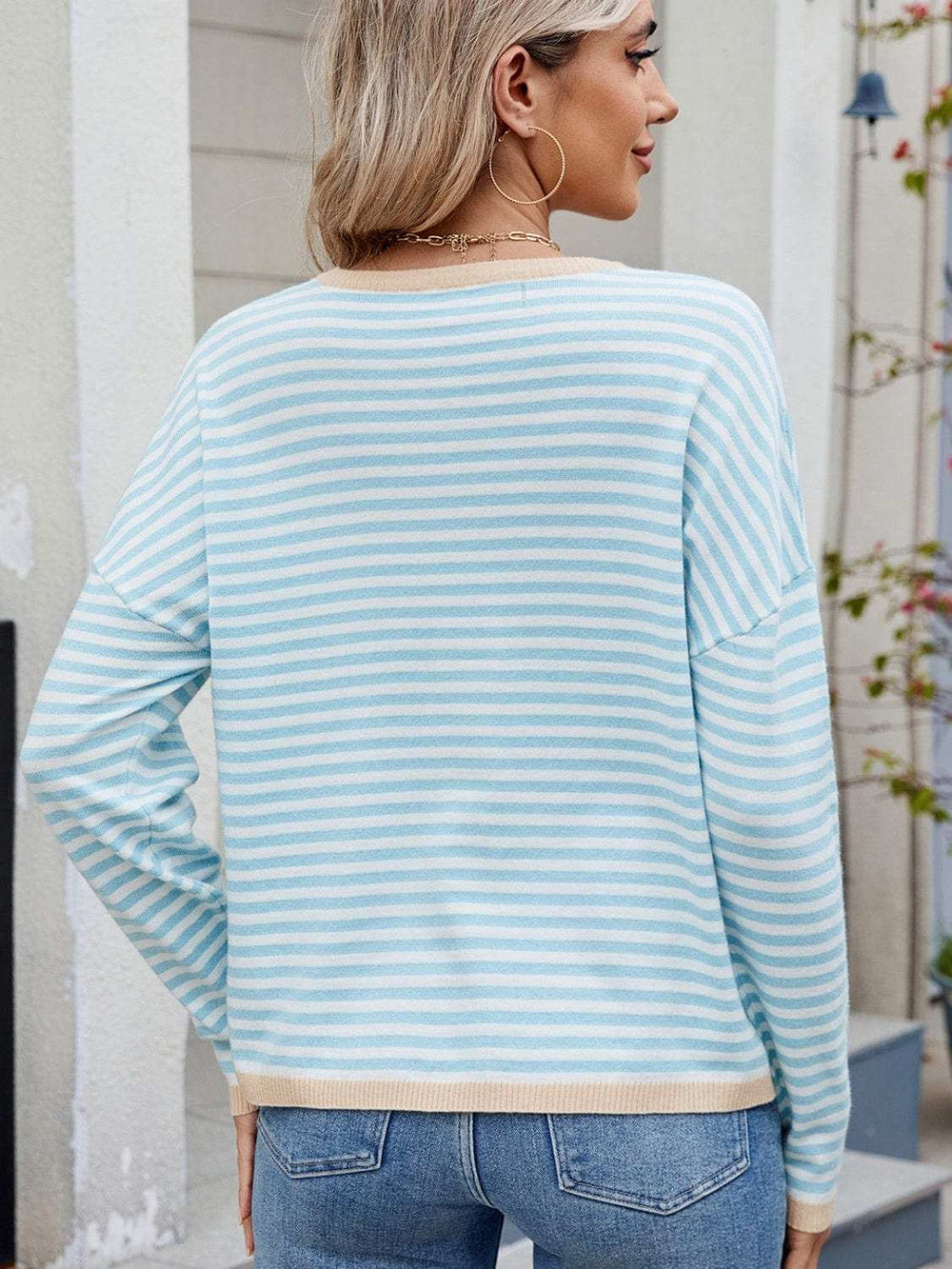Striped Contrast Round Neck Long Sleeve Sweater - Trendsi - Flyclothing LLC