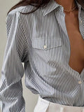 Devine Striped Collared Neck Long Sleeve Shirt - Trendsi
