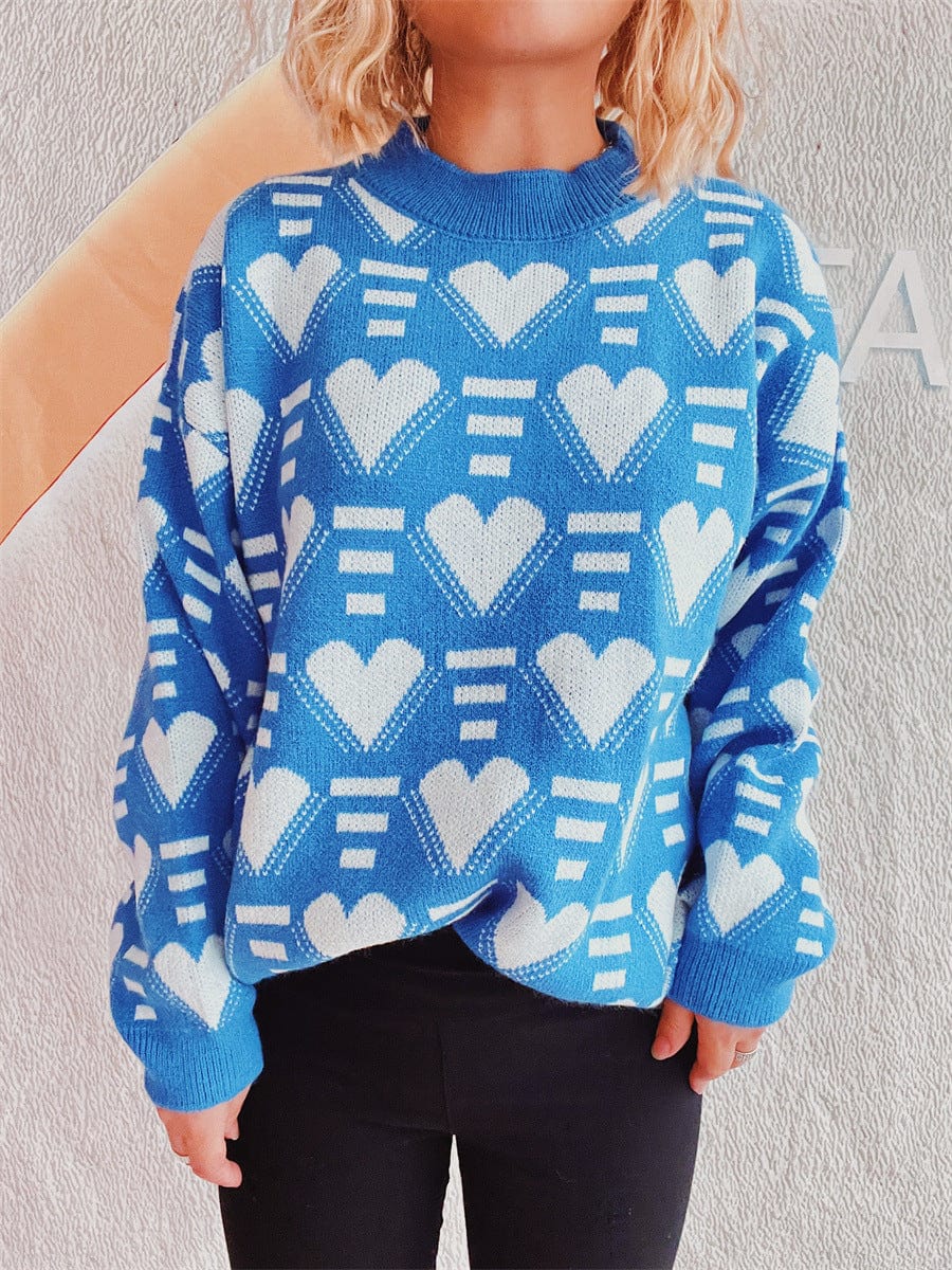 Heart Contrast Long Sleeve Dropped Shoulder Sweater - Trendsi