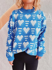 Heart Contrast Long Sleeve Dropped Shoulder Sweater - Trendsi