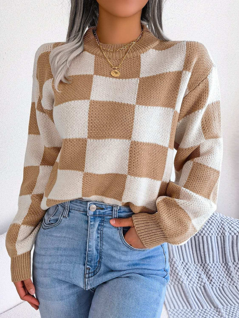 Checkered Mock Neck Long Sleeve Sweater - Trendsi - Flyclothing LLC