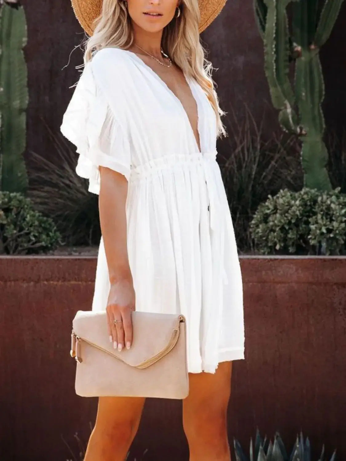 Drawstring Ruffled Half Sleeve Mini Dress - Trendsi - Flyclothing LLC