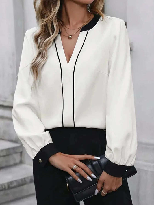 Contrast Notched Long Sleeve Blouse - Trendsi - Flyclothing LLC