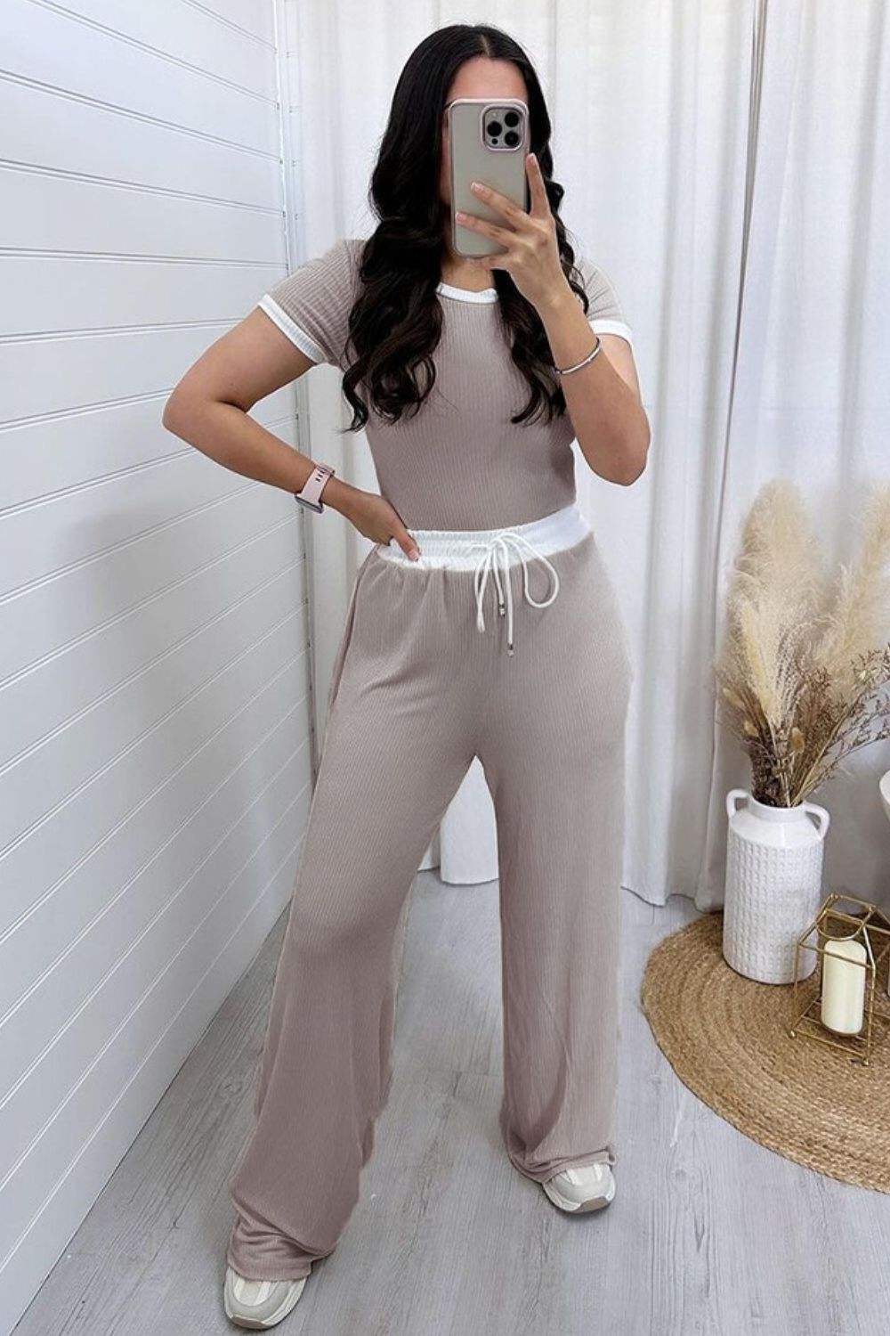 Contrast Trim Round Neck Top and Pants Set - Trendsi - Flyclothing LLC