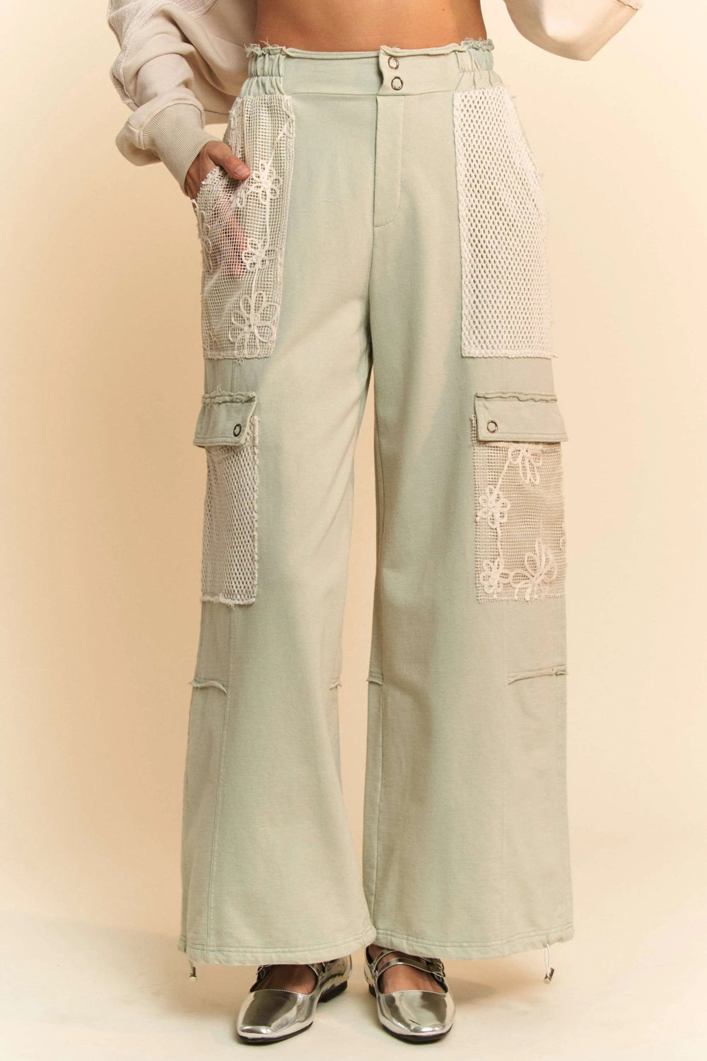 Davi & Dani Lace Patchwork Bottom Opening Adjustable Pants - Trendsi