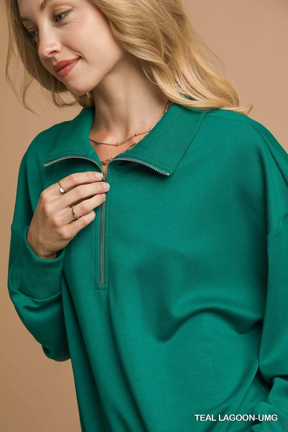 Umgee Half Zip Drop Shoulder Sweatshirt - Trendsi - Flyclothing LLC