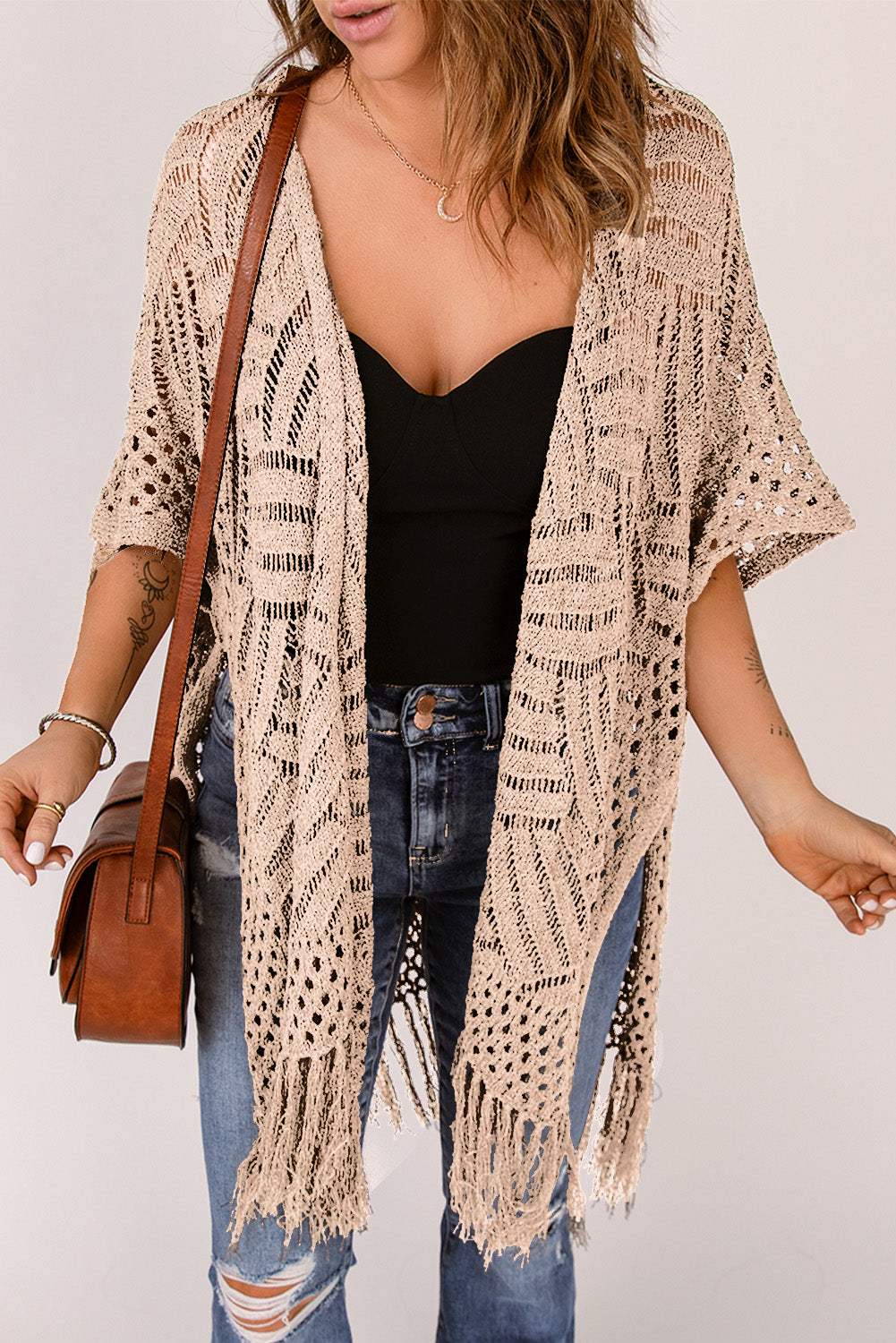 Openwork Open Front Cardigan with Fringes - Trendsi - Flyclothing LLC