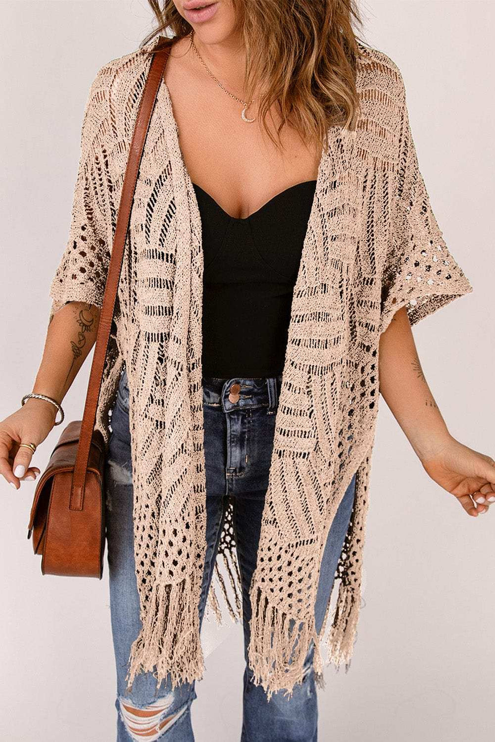 Openwork Open Front Cardigan with Fringes - Trendsi - Flyclothing LLC
