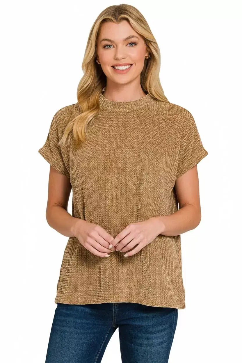 Zenana Chenille Waffle Cap Sleeve Sweater - Trendsi - Flyclothing LLC