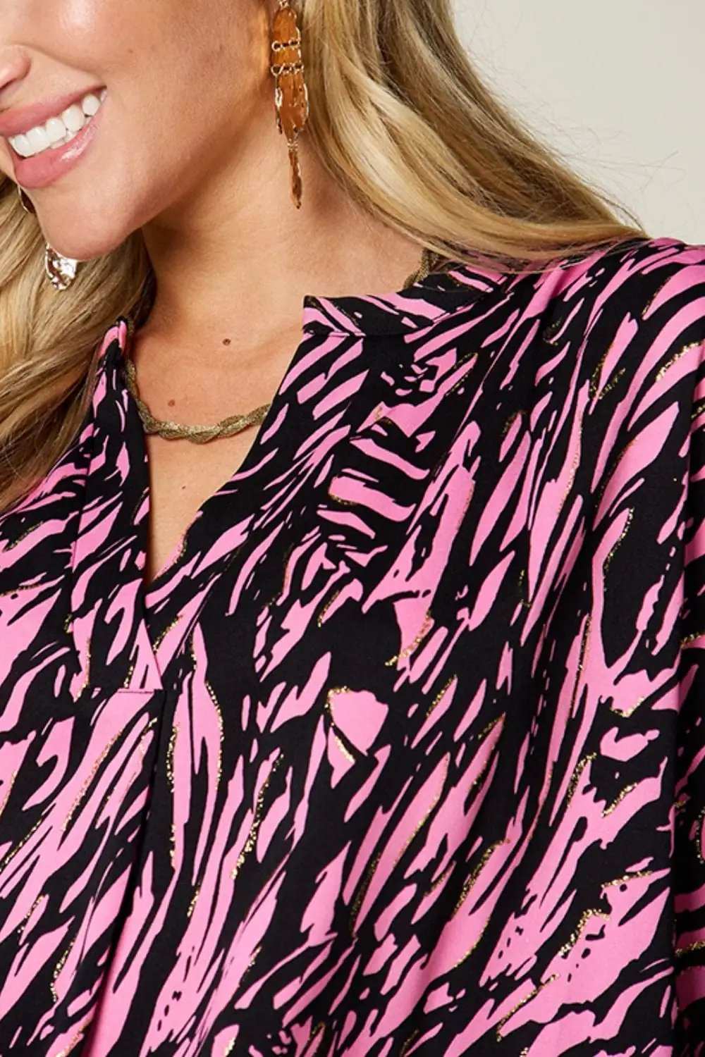 Double Take Full Size Printed Notched Three-Quarter Sleeve Blouse - Trendsi - Flyclothing LLC