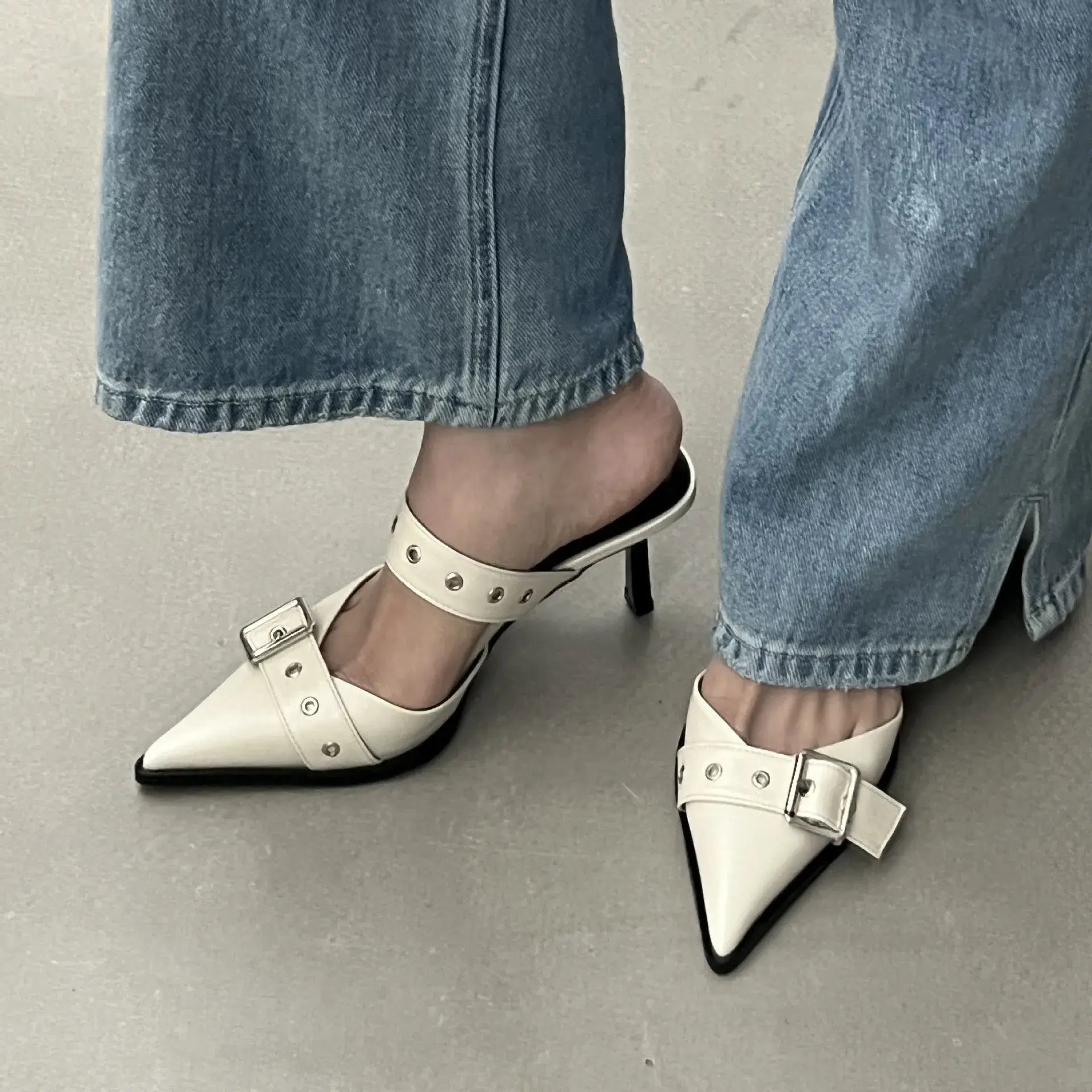 Point Toe Flare Heel Buckle Sandals - Trendsi - Flyclothing LLC