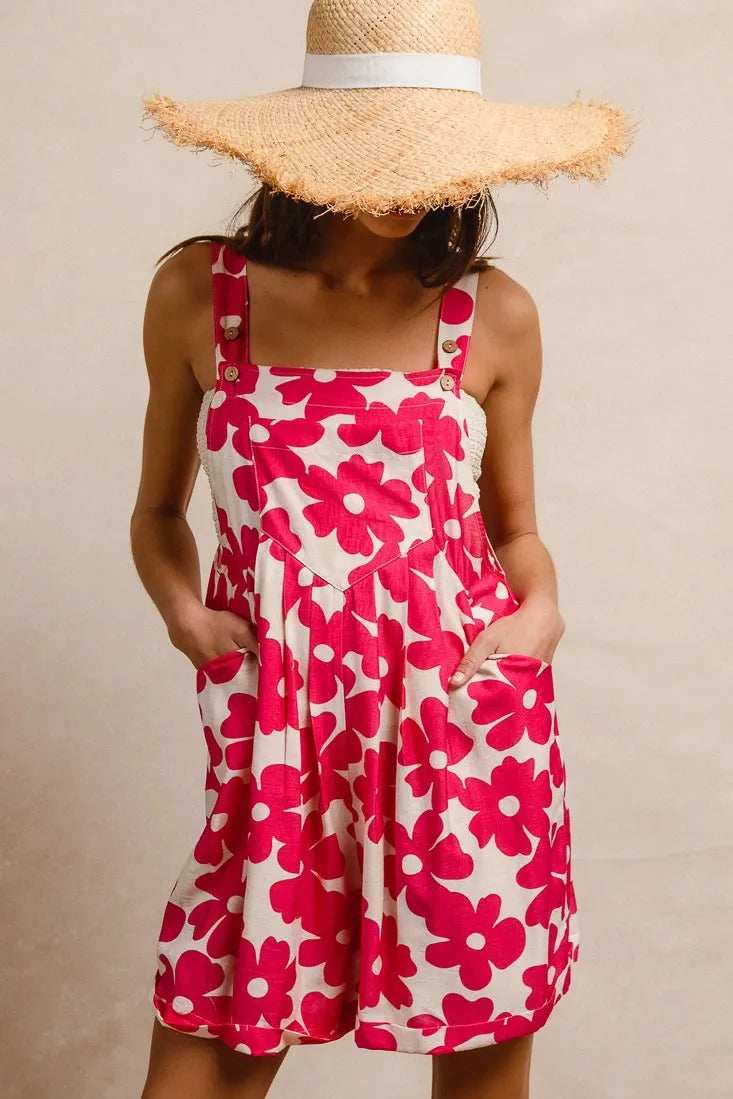 BiBi Floral Prints Tuck Detail Short Overall With Pockets - Trendsi - Flyclothing LLC