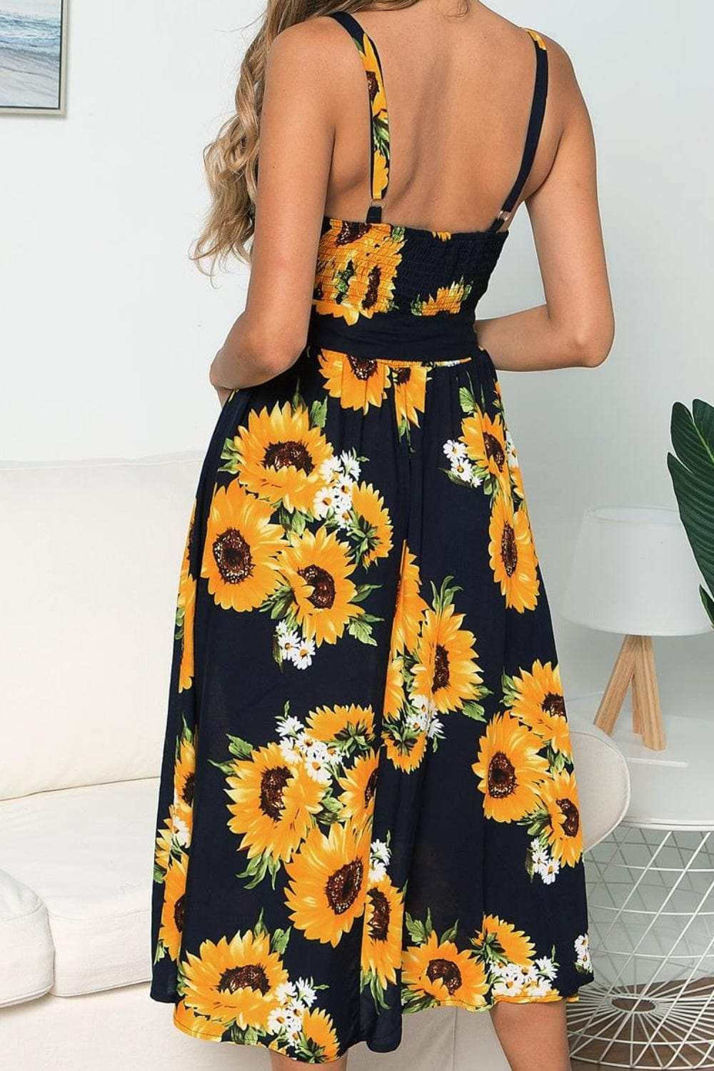 Smocked Sunflower Printed Sleeveless Cami Dress - Trendsi - Flyclothing LLC