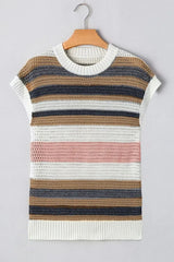 Stripe Color Block Eyelet Knit Short Sleeve Knit Top - Trendsi - Flyclothing LLC