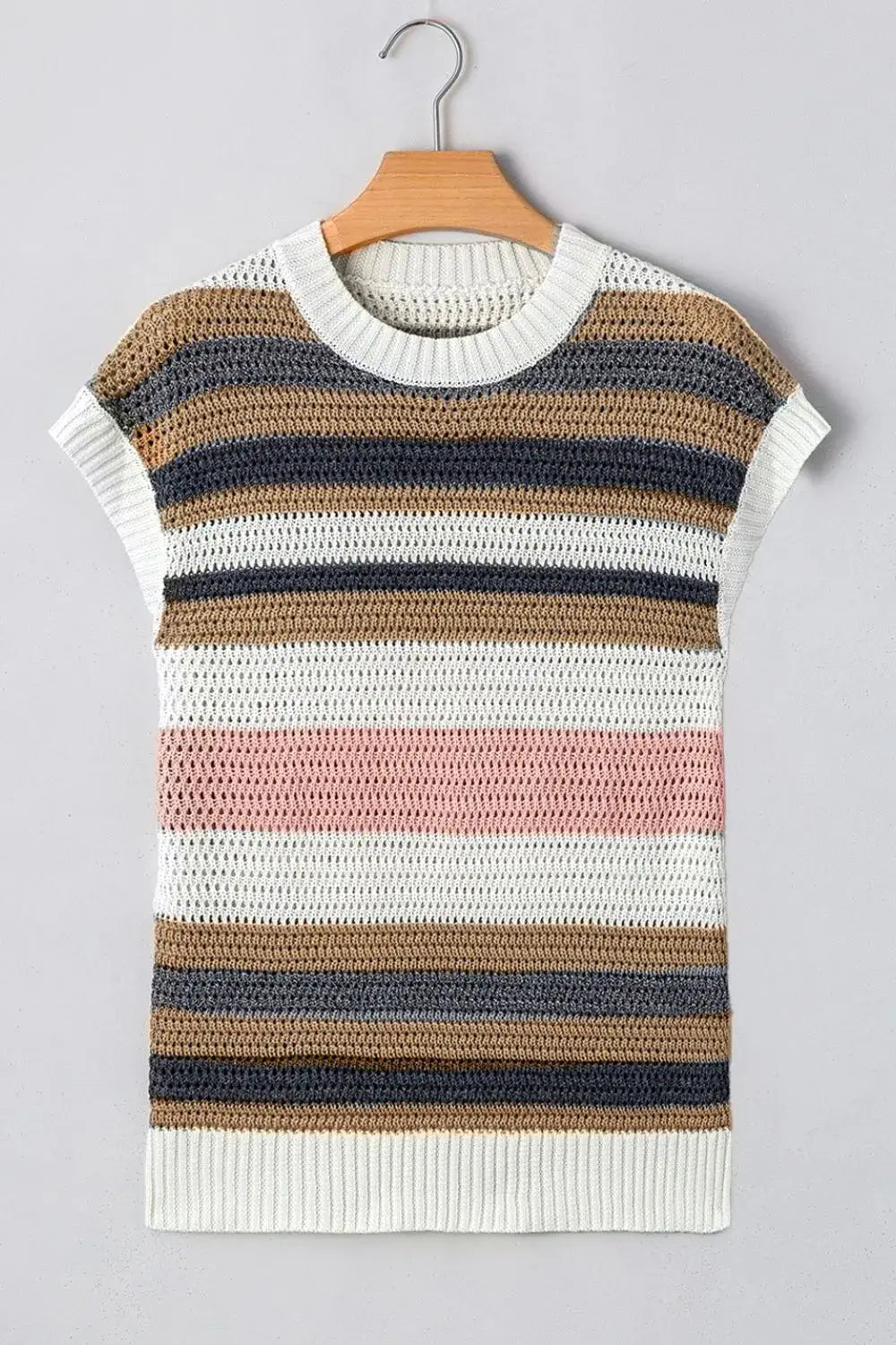 Stripe Color Block Eyelet Knit Short Sleeve Knit Top - Trendsi - Flyclothing LLC