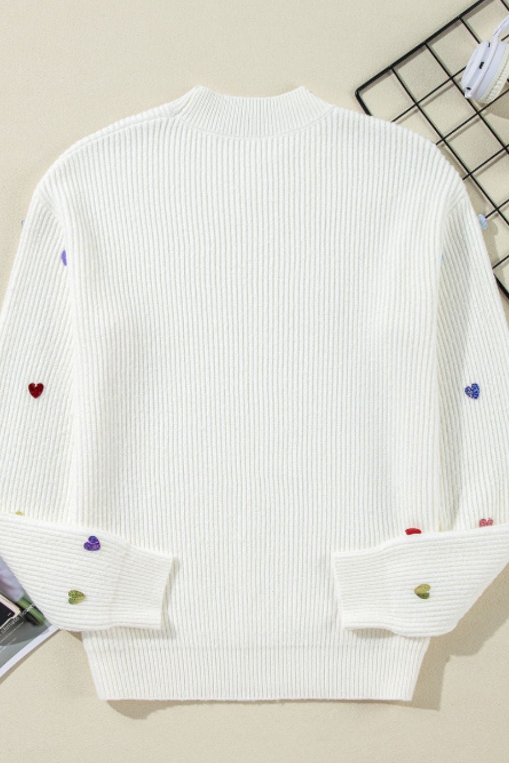 Heart Sequin Round Neck Long Sleeve Sweater - Trendsi