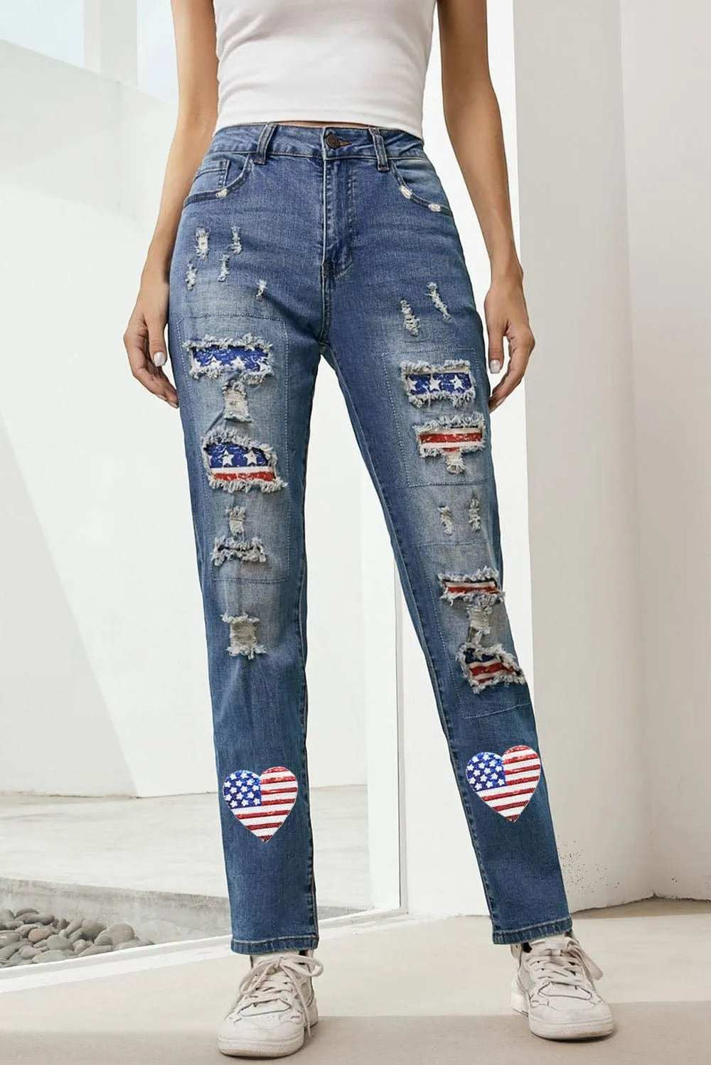 US Flag Distressed Straight Jeans - Trendsi - Flyclothing LLC
