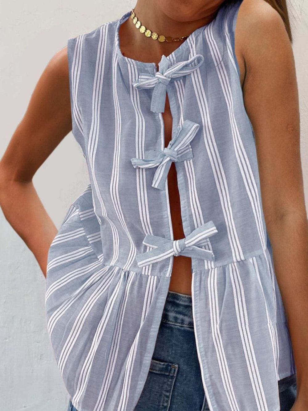 Tied Striped Round Neck Tank - Trendsi - Flyclothing LLC
