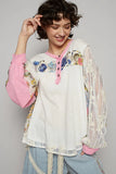 POL Button Detail Floral Patchwork Crochet Sleeve Blouse - Trendsi