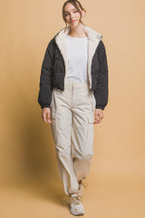 Love Tree Zip Up Cropped Hooded Sherpa Reversible Jacket - Trendsi