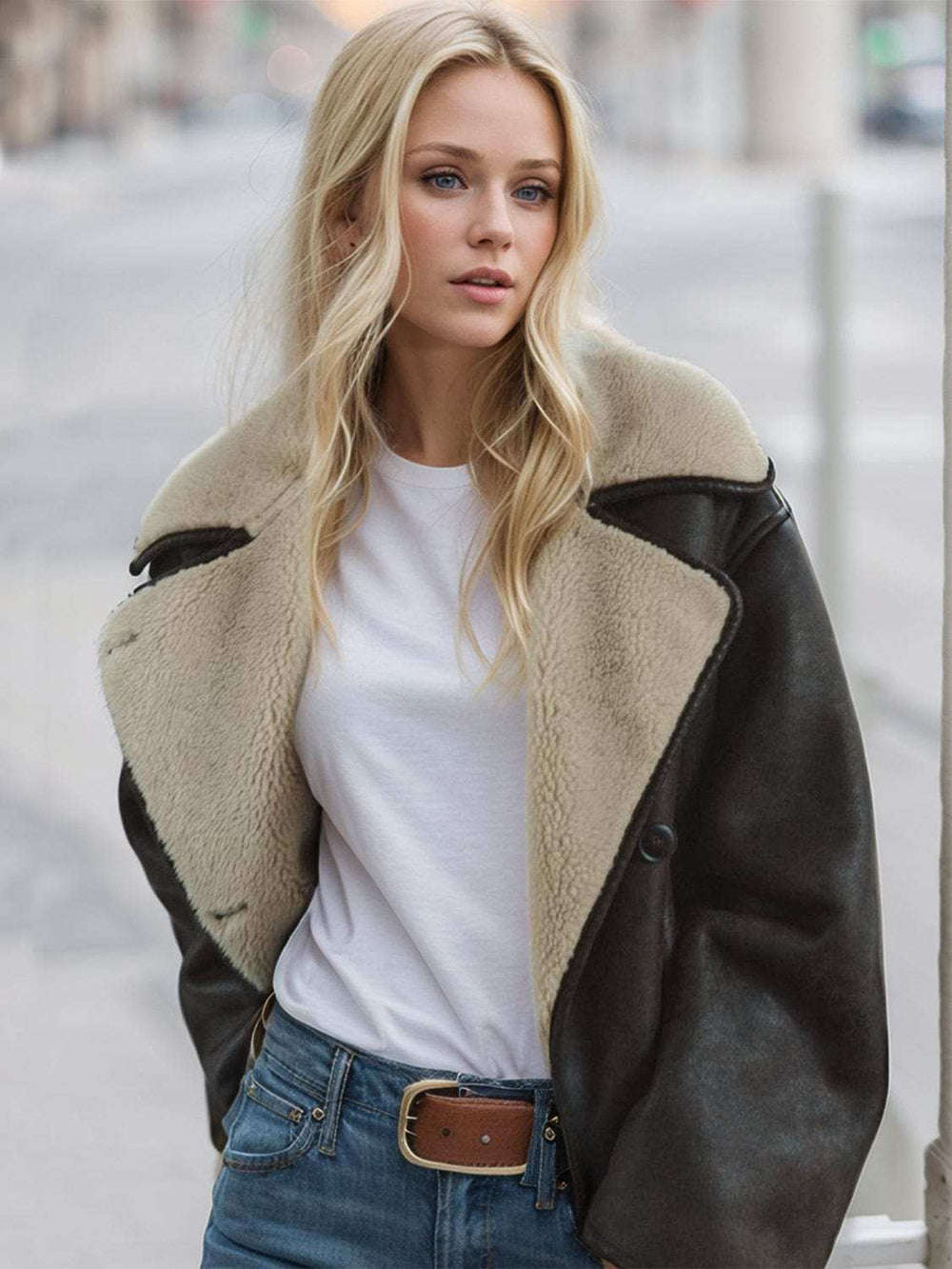 Collared Neck Long Sleeve Plush Jacket - Trendsi - Flyclothing LLC