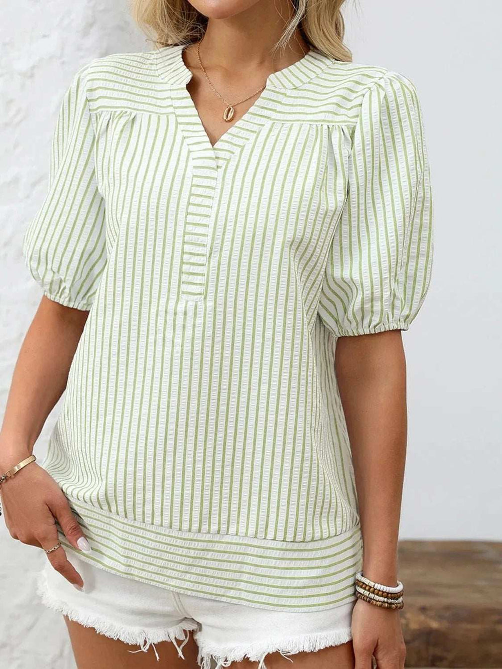 Striped Notched Puff Sleeve Blouse - Trendsi - Flyclothing LLC