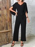 Tied V-Neck Half Sleeve Wide Leg Jumpsuit Trendsi