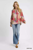 Umgee Boho Feather Print Peasant Blouse - Trendsi - Flyclothing LLC