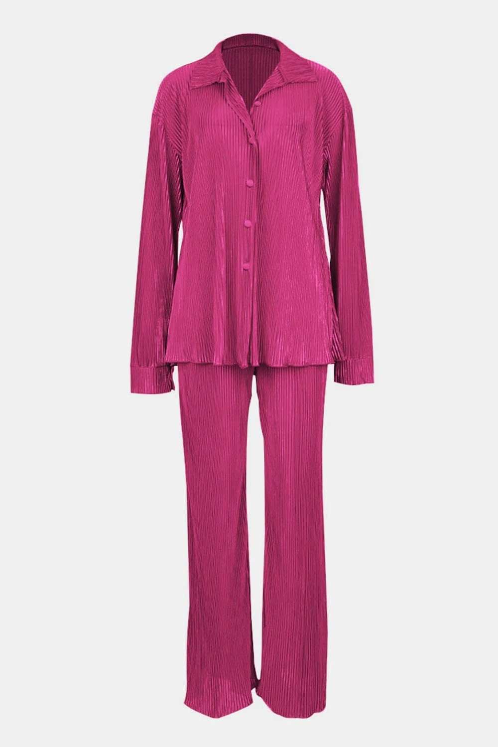 Textured Button Up Collared Neck Top and Pants Set - Trendsi - Flyclothing LLC