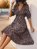 Perfee Leopard Surplice Long Sleeve Midi Dress - Trendsi