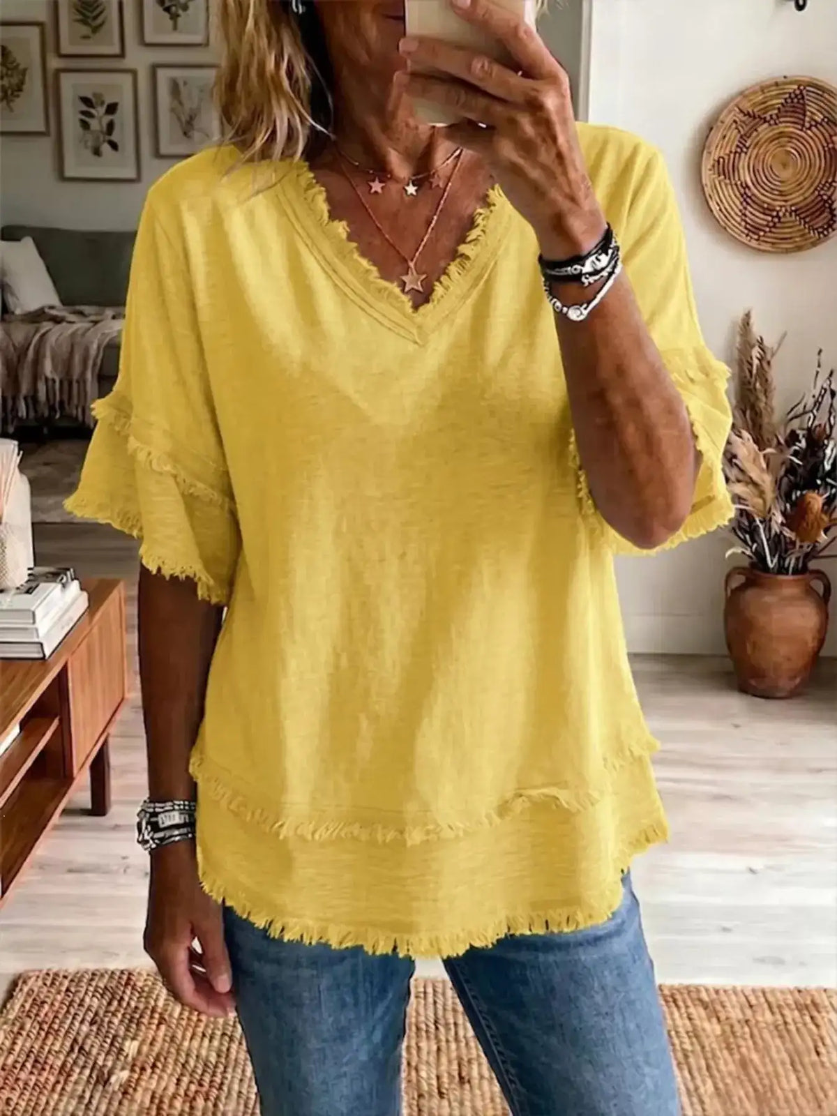 Full Size Frayed Edge V-Neck Blouse Plus Size - Trendsi - Flyclothing LLC