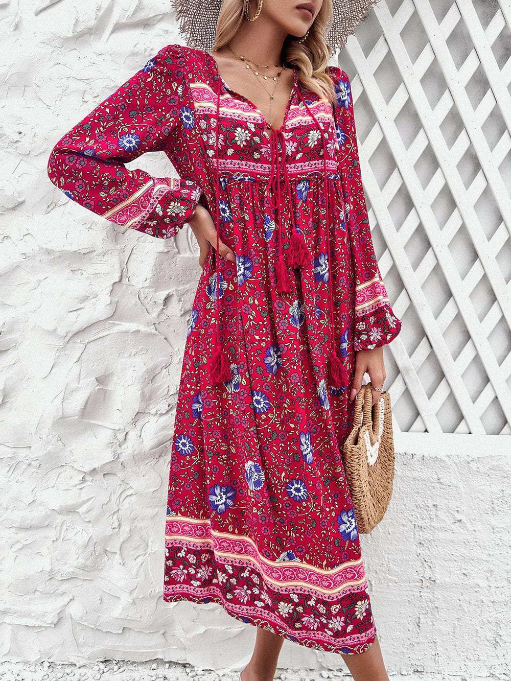 Tassel Tied Printed Long Sleeve Dress - Trendsi - Flyclothing LLC